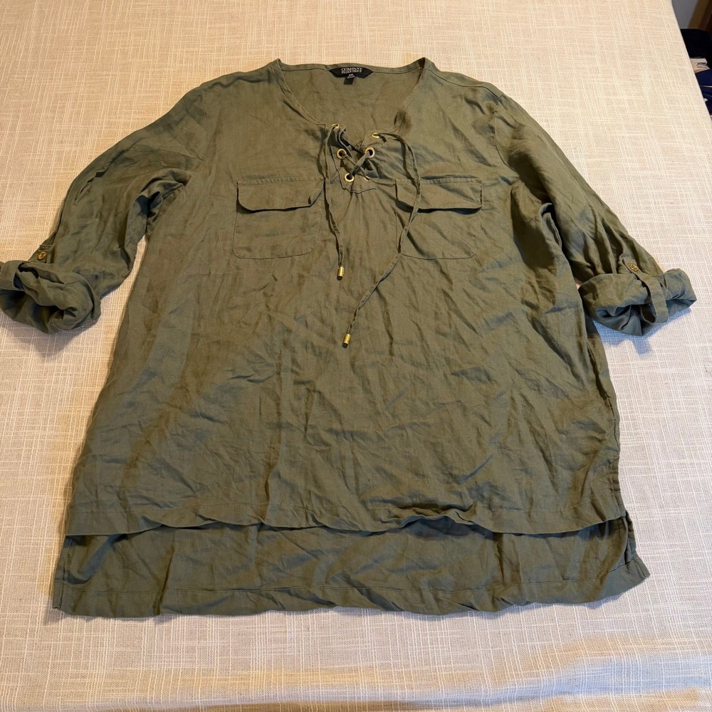 Company Ellen Tracy Womens XXL Olive Green 100% Linen Lace Up Roll Tab Tunic Top